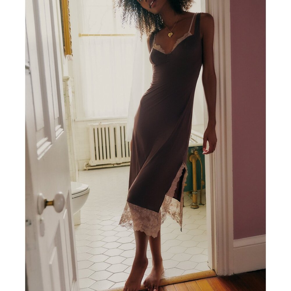 Free People Brown Slip Chemise with Cream Lace Trim - Picture 4 of 9